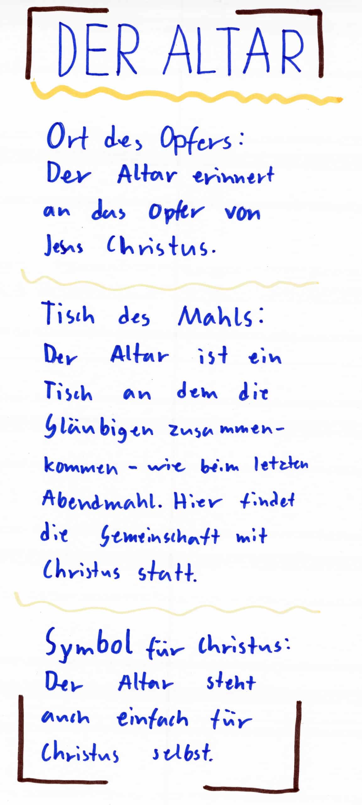 DER ALTAR Ort des Opfers: Der Altar erinnert an das Opfer von Jesus Christus. Tisch des Mahls: Der Altar ist ein Tisch, an dem die Gläubigen zusammenkommen – wie beim letzten Abendmahl. Hier findet die Gemeinschaft mit Christus statt. Symbol für Christus: Der Altar steht auch einfach für Christus selbst.